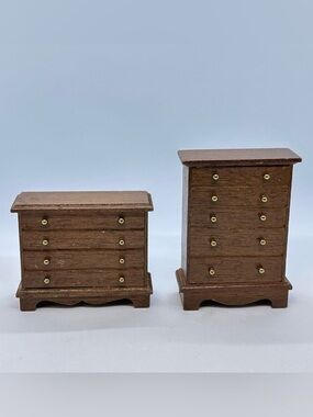 VTG Lot/2 Dollhouse Miniatures Bedroom Furniture Chest Dresser Brown Wood Taiwan